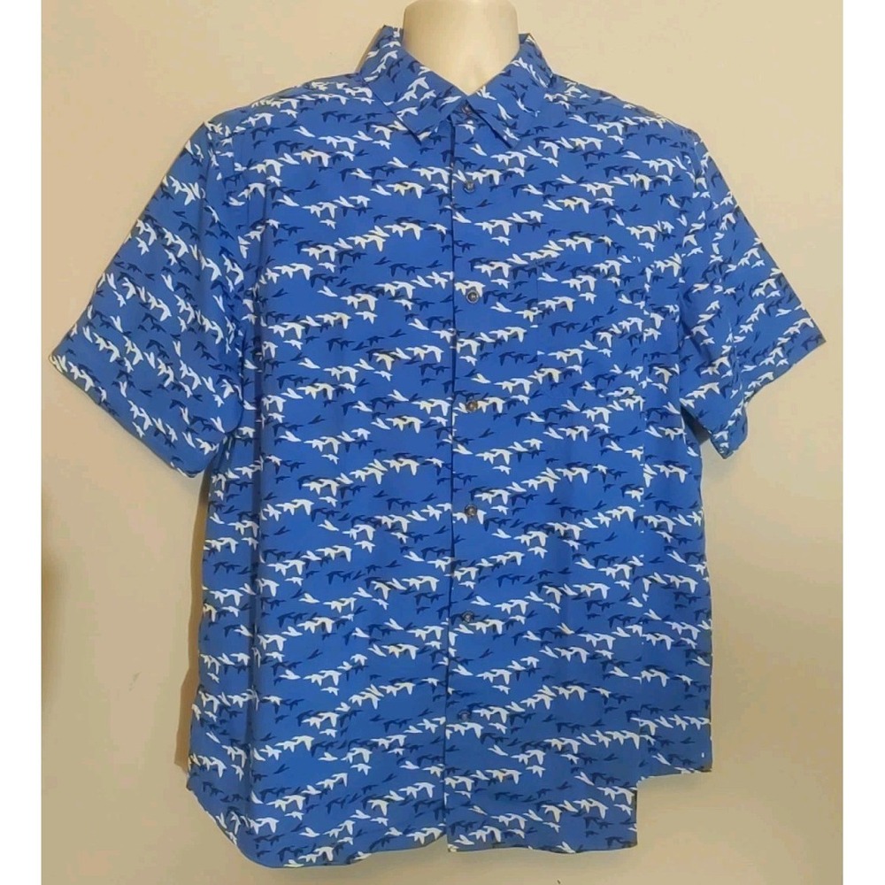 Woolrich‎ Men Blue Black White Bird Pattern Collared Shirt sleeve Shirt Size L